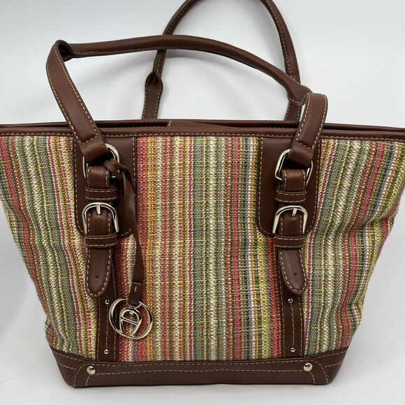 Etienne Aigner Woven Striped Purse Shoulder Bag Brown 10" X‎ 9"X 4" Bag Charm - Picture 1 of 16